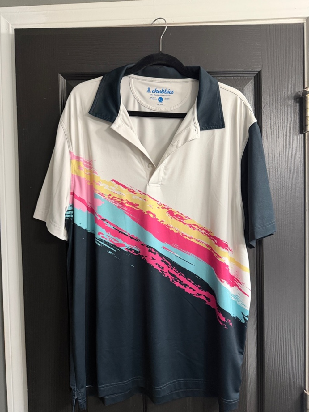 Chubbies Men’s White & Black Polo with Colorful Diagonal Stripe